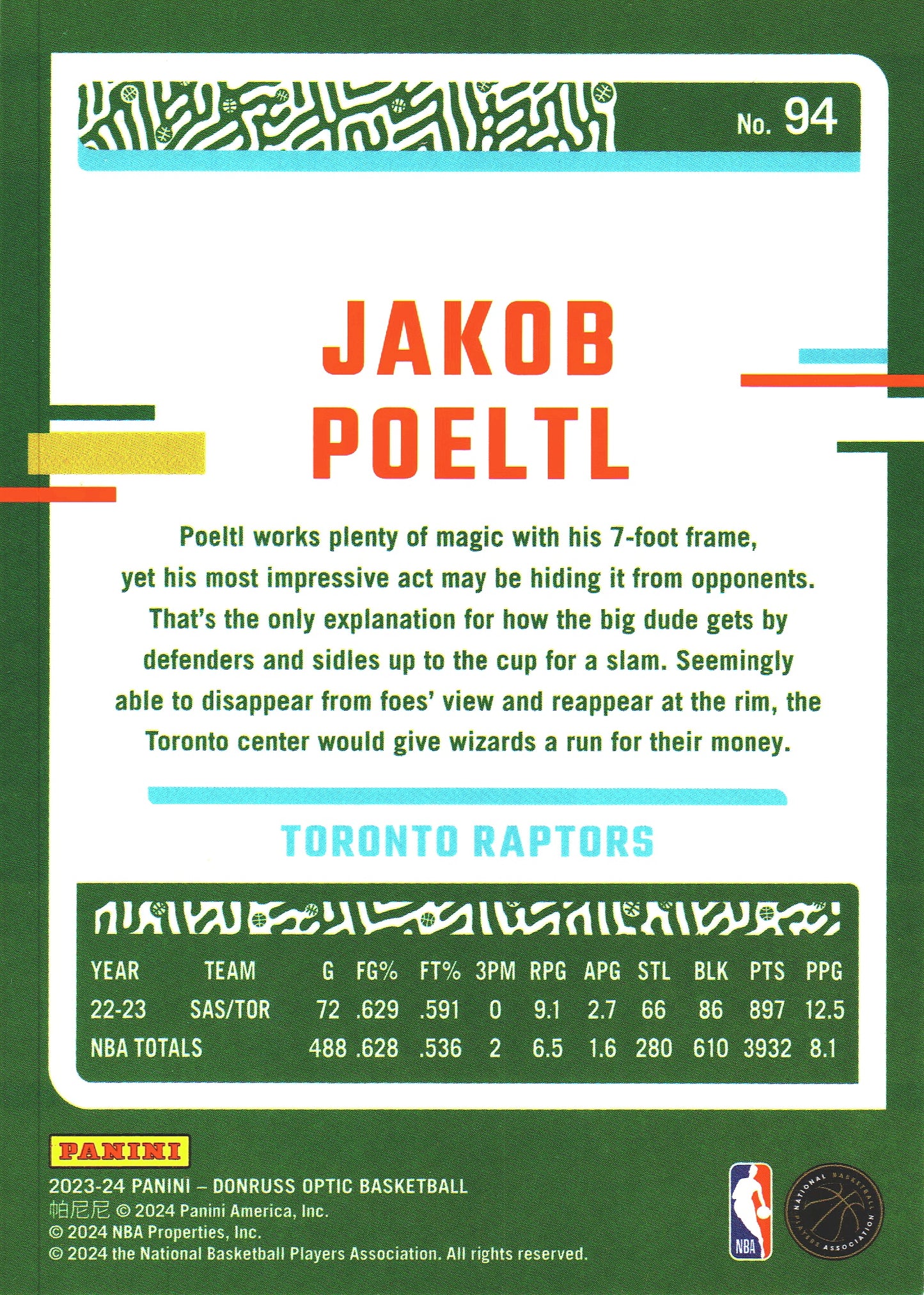 2023 Panini Donruss Optic Jakob Poeltl #94 Toronto Raptors