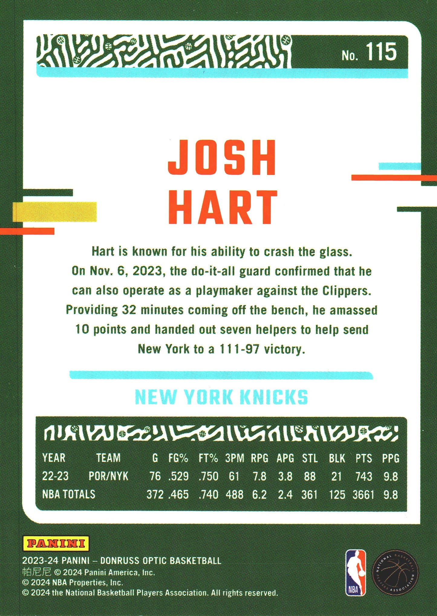 2023 Panini Donruss Optic Josh Hart #115 New York Knicks