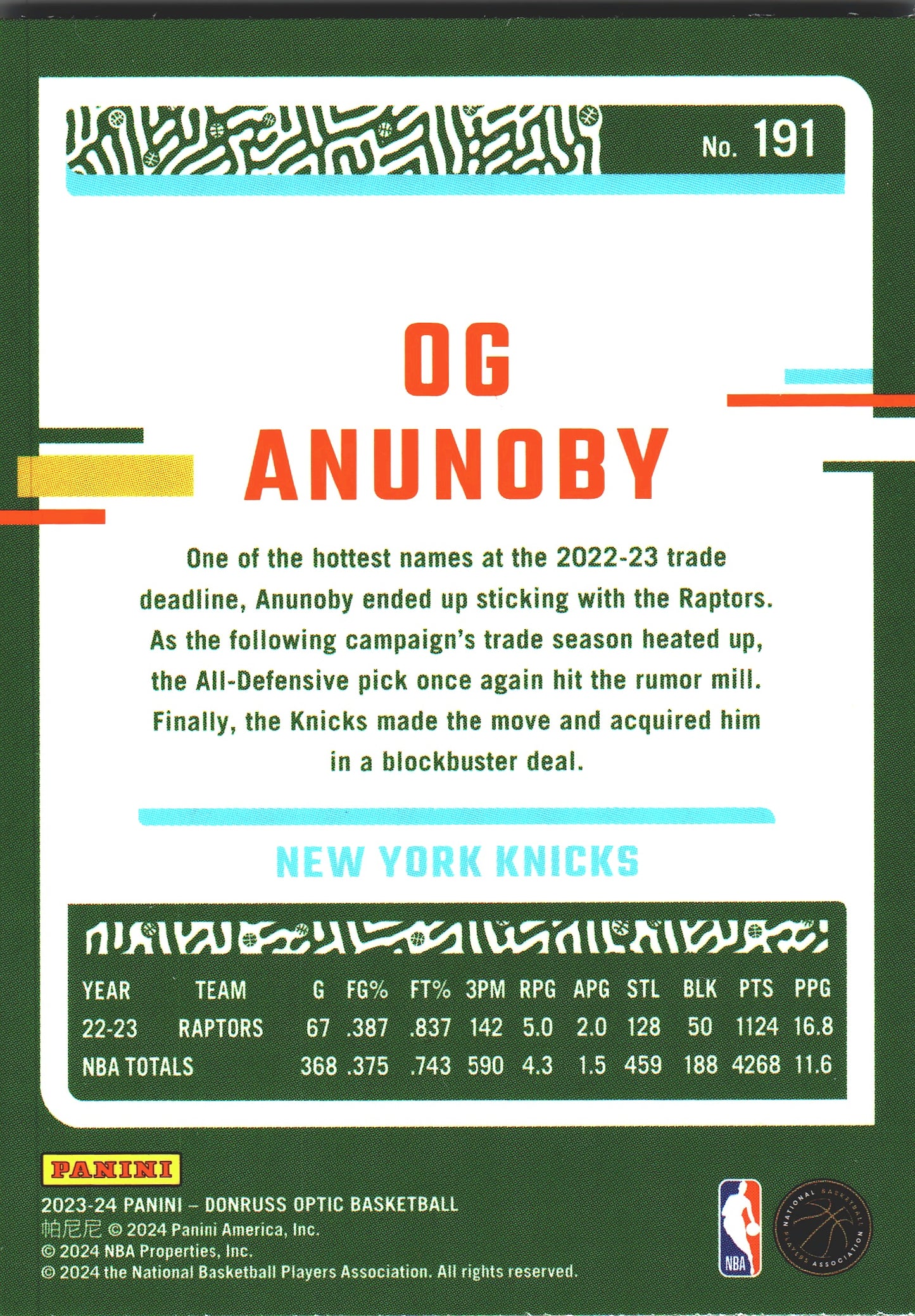 2023 Panini Donruss Optic OG Anunoby #191 Toronto Raptors