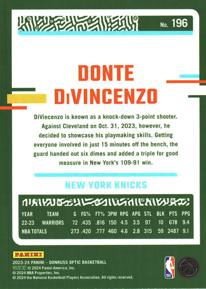 2023 Panini Donruss Optic Donte DiVincenzo #196 Toronto Raptors