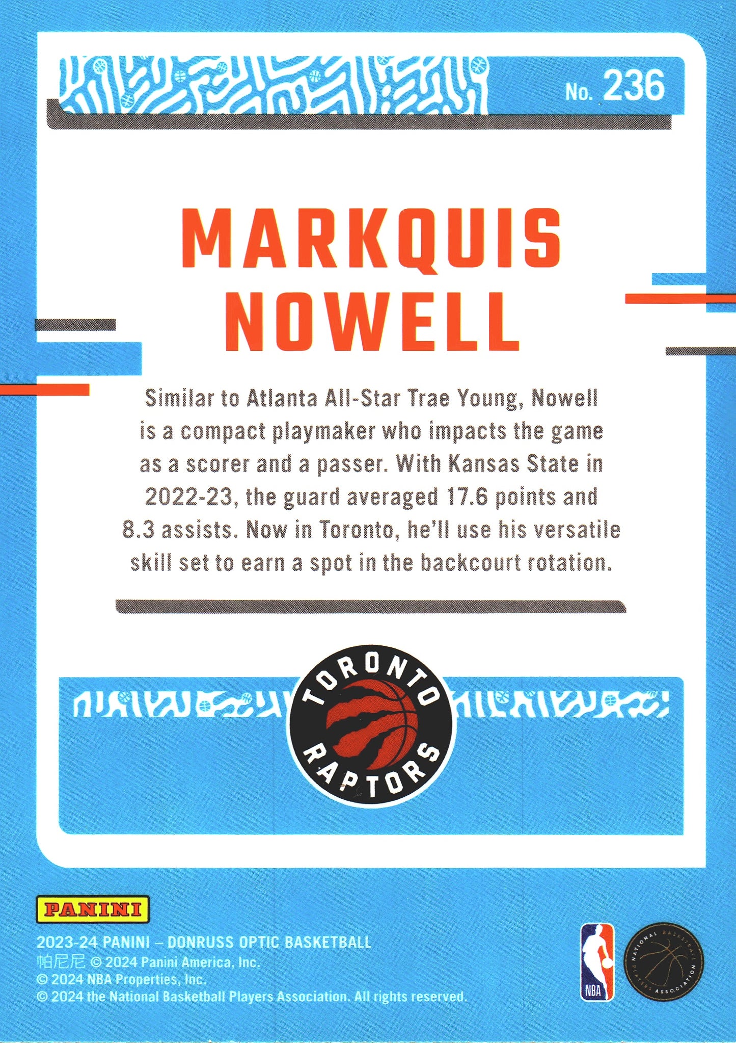 2023 Panini Donruss Optic Markquis Nowell Rated Rookie RC #236 Toronto Raptors