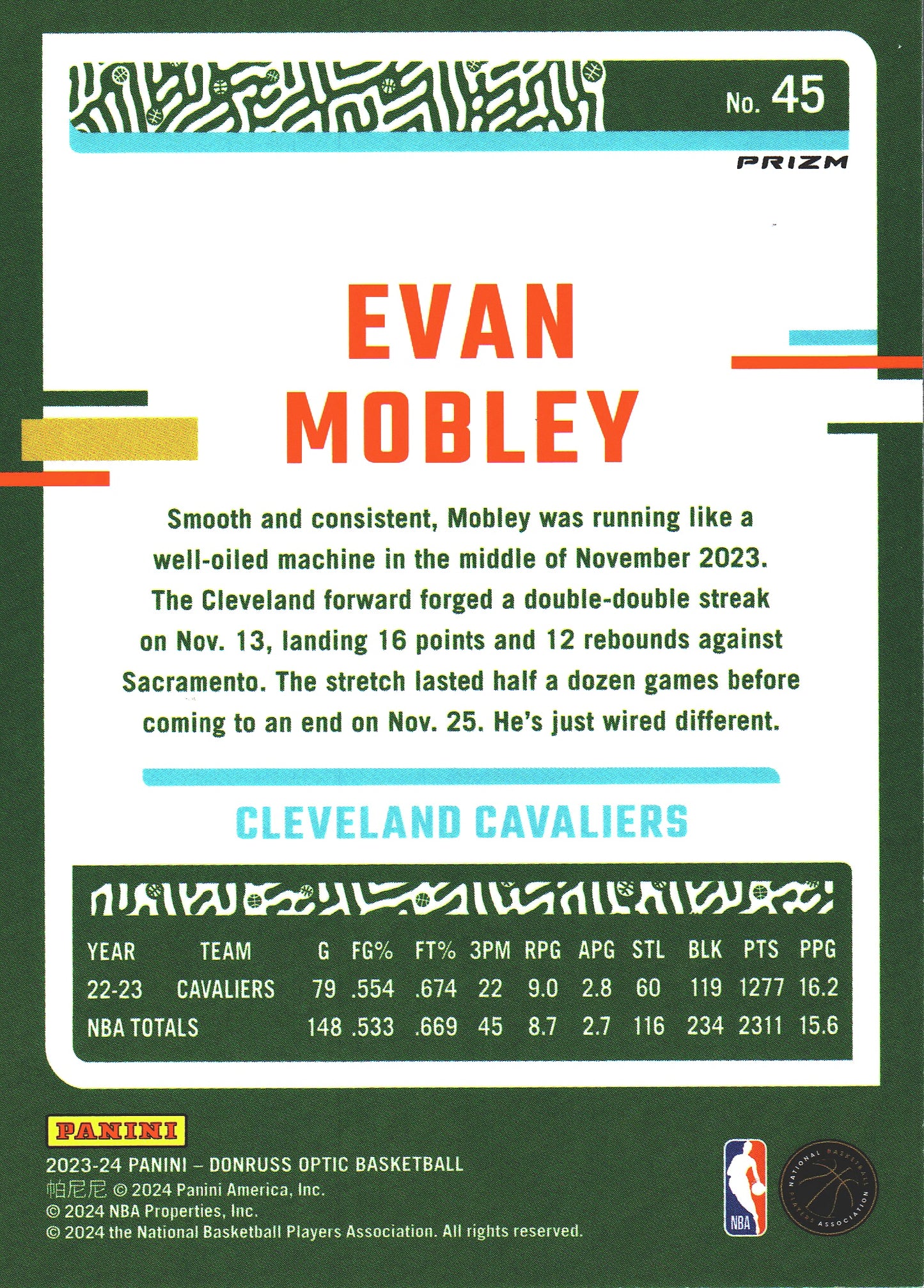 2023 Panini Donruss Optic Evan Mobley Holo #45 Cleveland Cavaliers