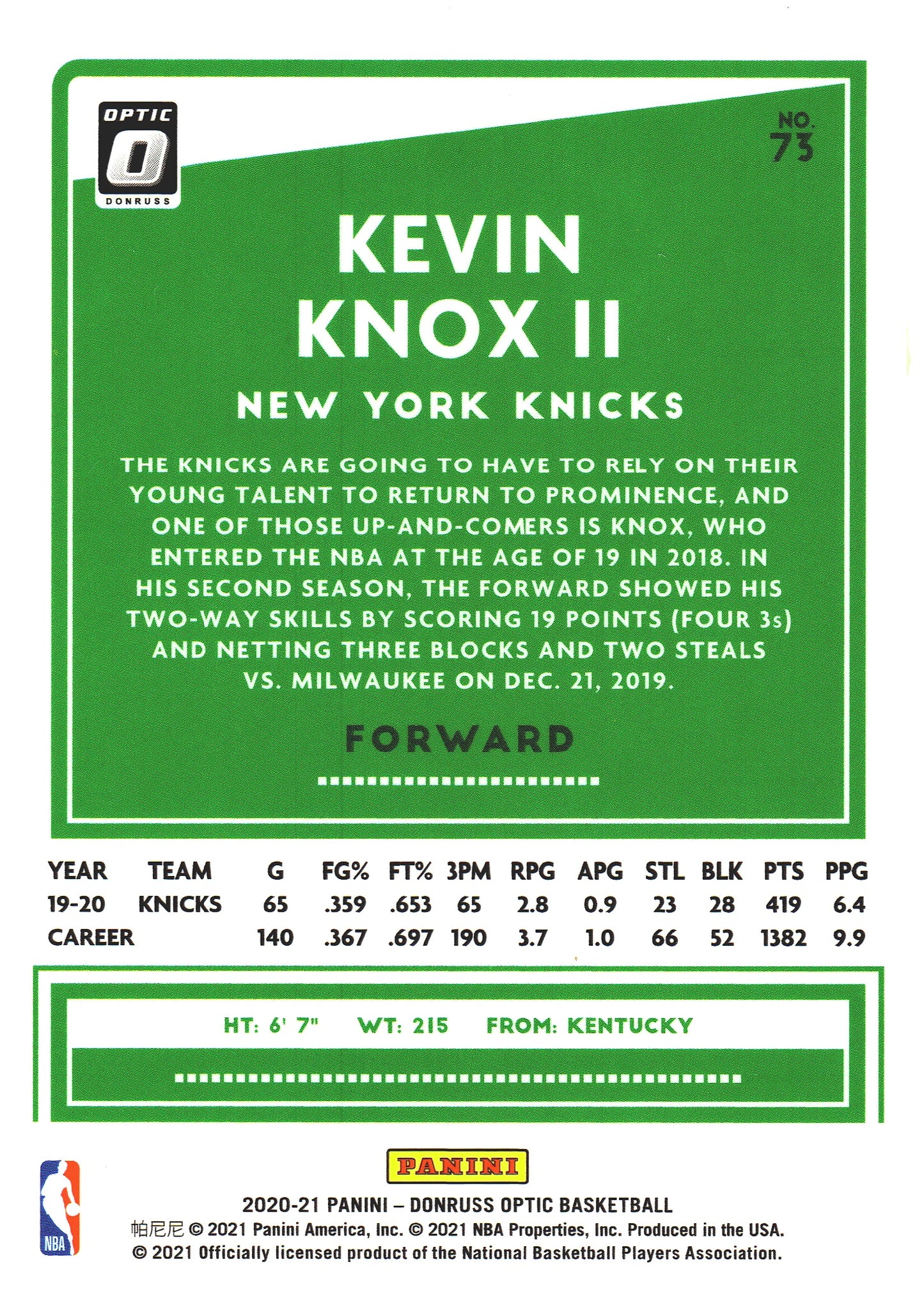 2020 Panini Donruss Optic Kevin Knox II #73 New York Knicks