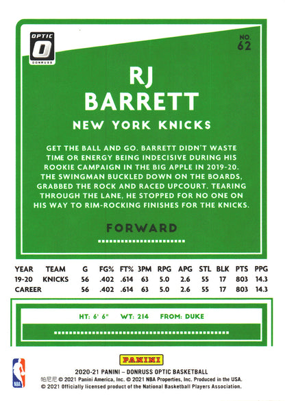 2020 Panini Donruss Optic RJ Barrett #62 New York Knicks