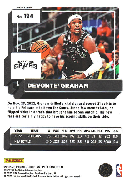 2022 Donruss Optic Devonte' Graham Green Hyper #94 San Antonio Spurs