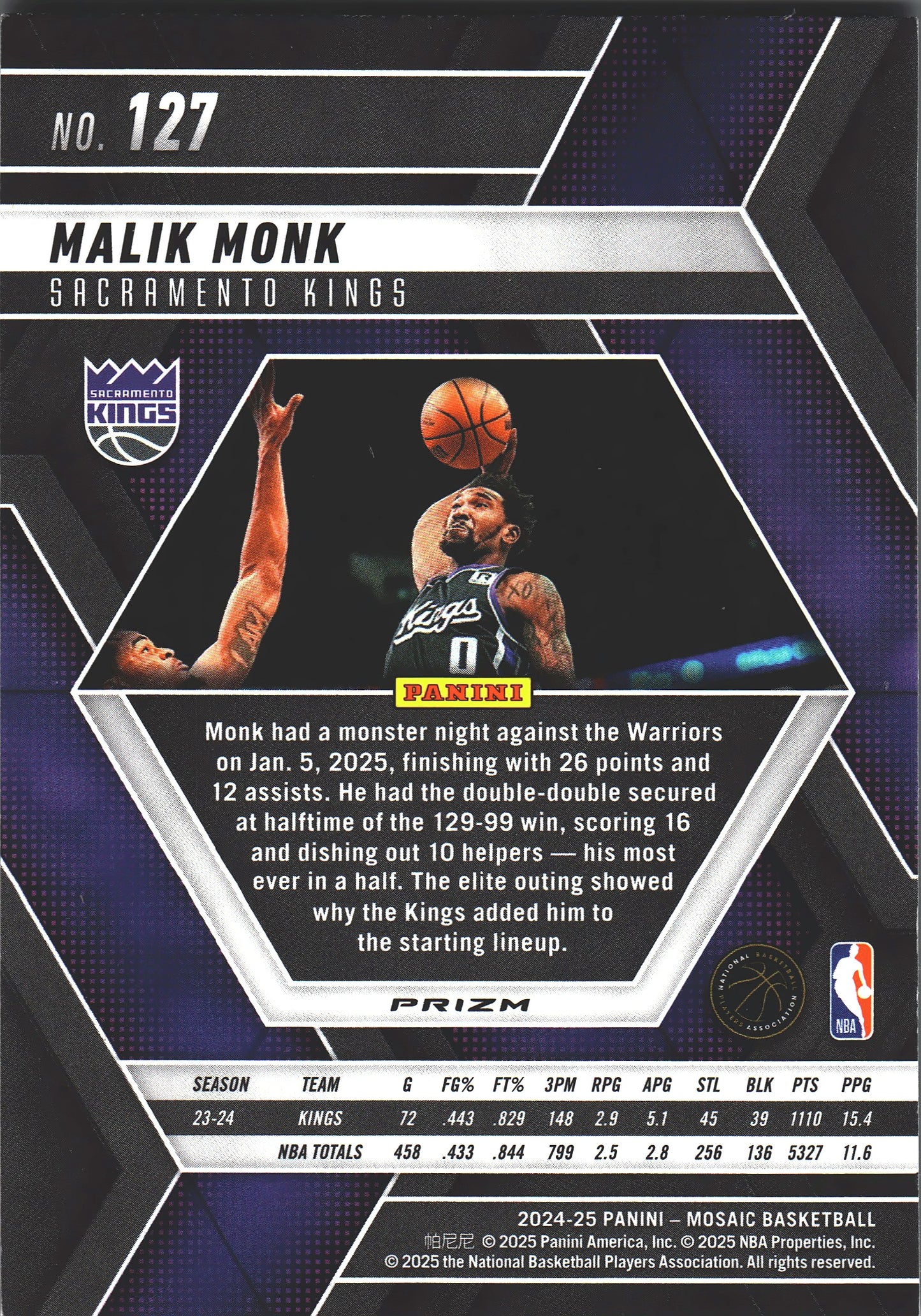 2024 Panini Mosaic Malik Monk Hyper #127 Sacramento Kings