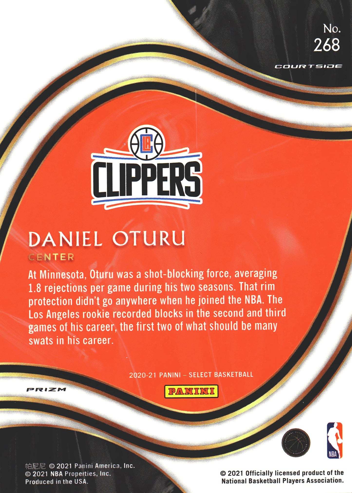 2021 Panini Select Daniel Oturu RC Purple and Green #268 Los Angeles Clippers