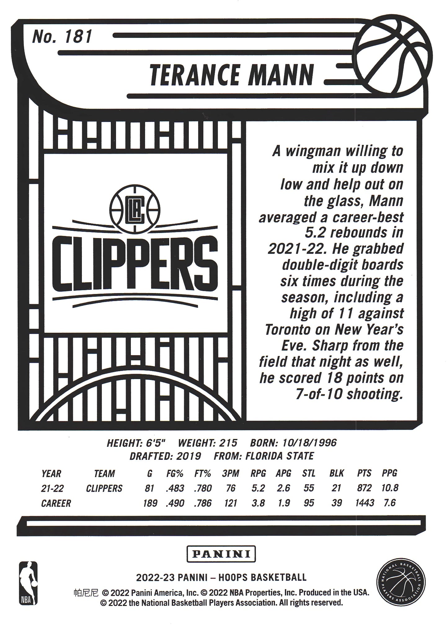 2022 Panini Hoops Terance Mann Purple #181 Los Angeles Clippers