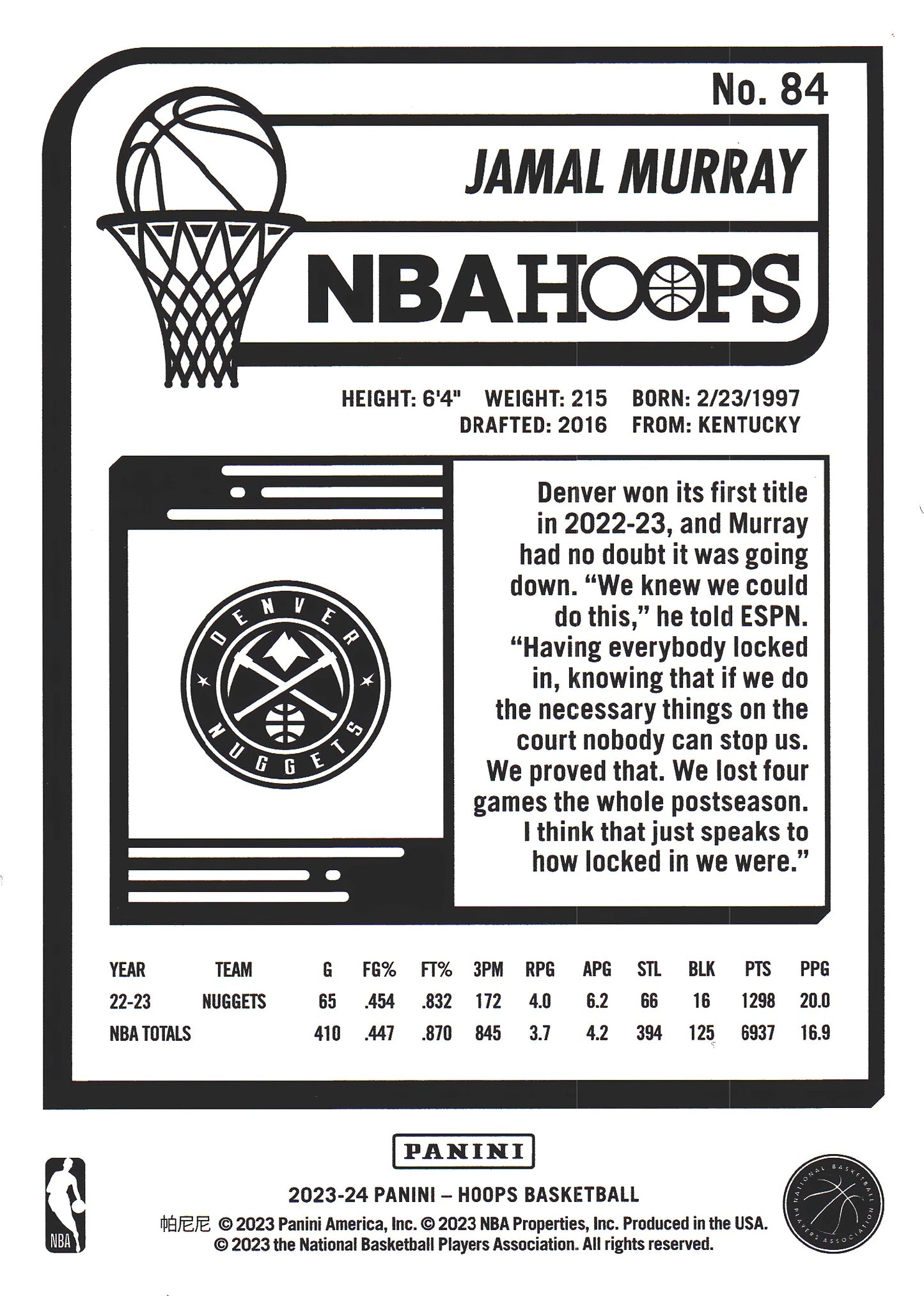 2023 Panini Hoops Winter Jamal Murray #84 Denver Nuggets