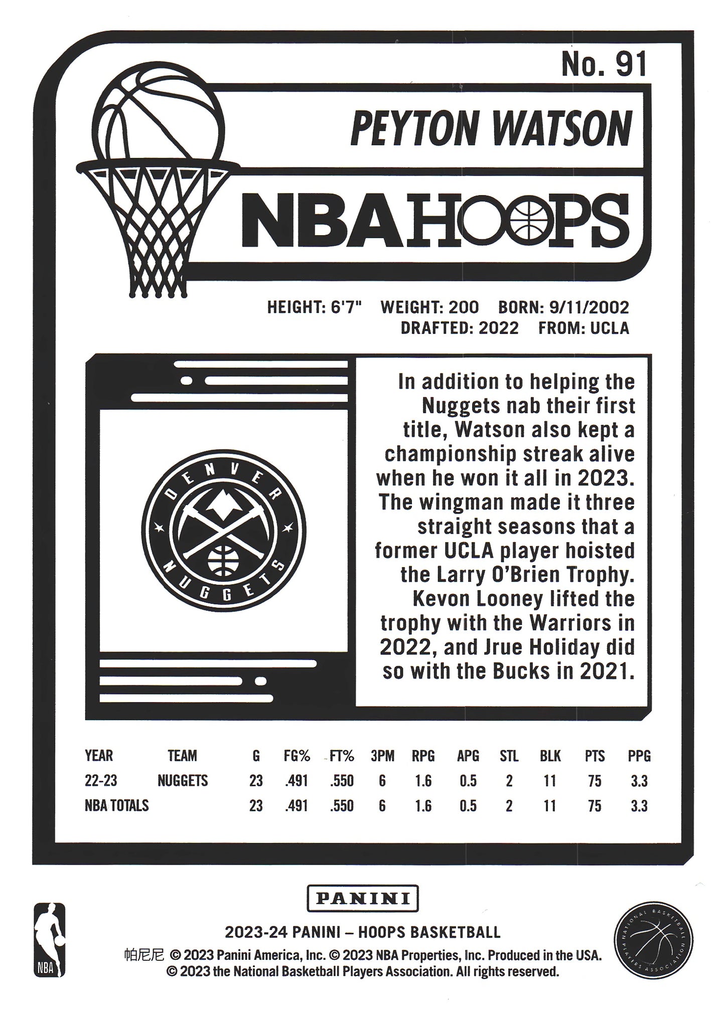 2023 Panini Hoops Winter Peyton Watson #91 Denver Nuggets