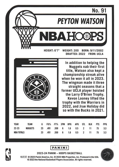 2023 Panini Hoops Winter Peyton Watson #91 Denver Nuggets