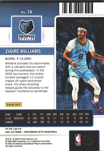 2021 Panini Contenders Optic Ziaire Williams RC #16 Memphis Grizzlies