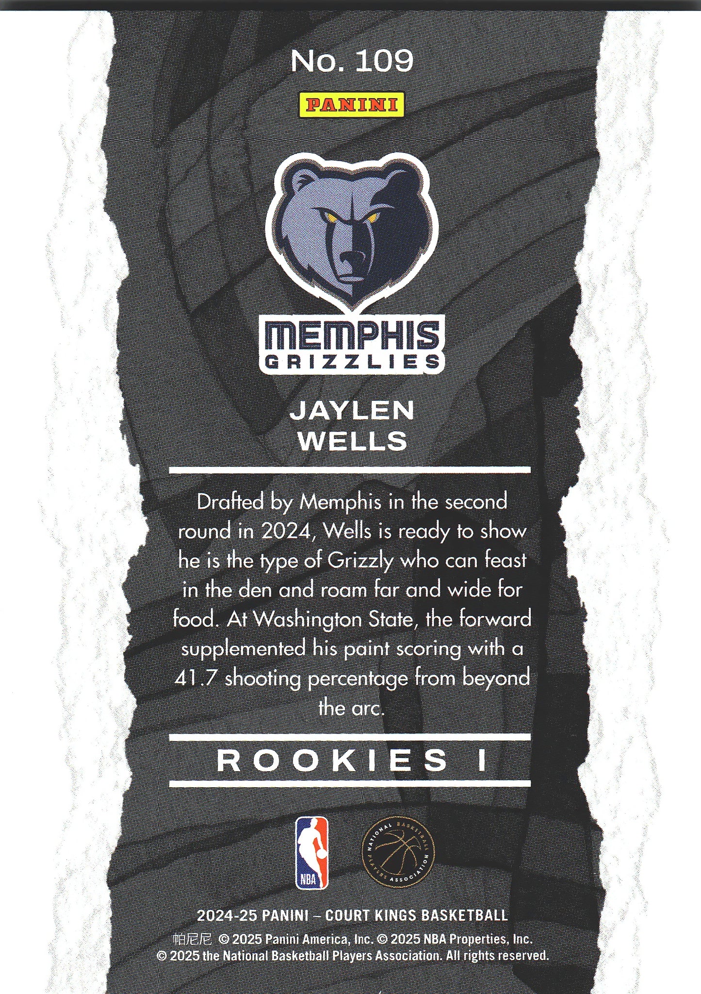 2024 Panini Court Kings Jaylen Wells RC Level 1 #09 Memphis Grizzlies
