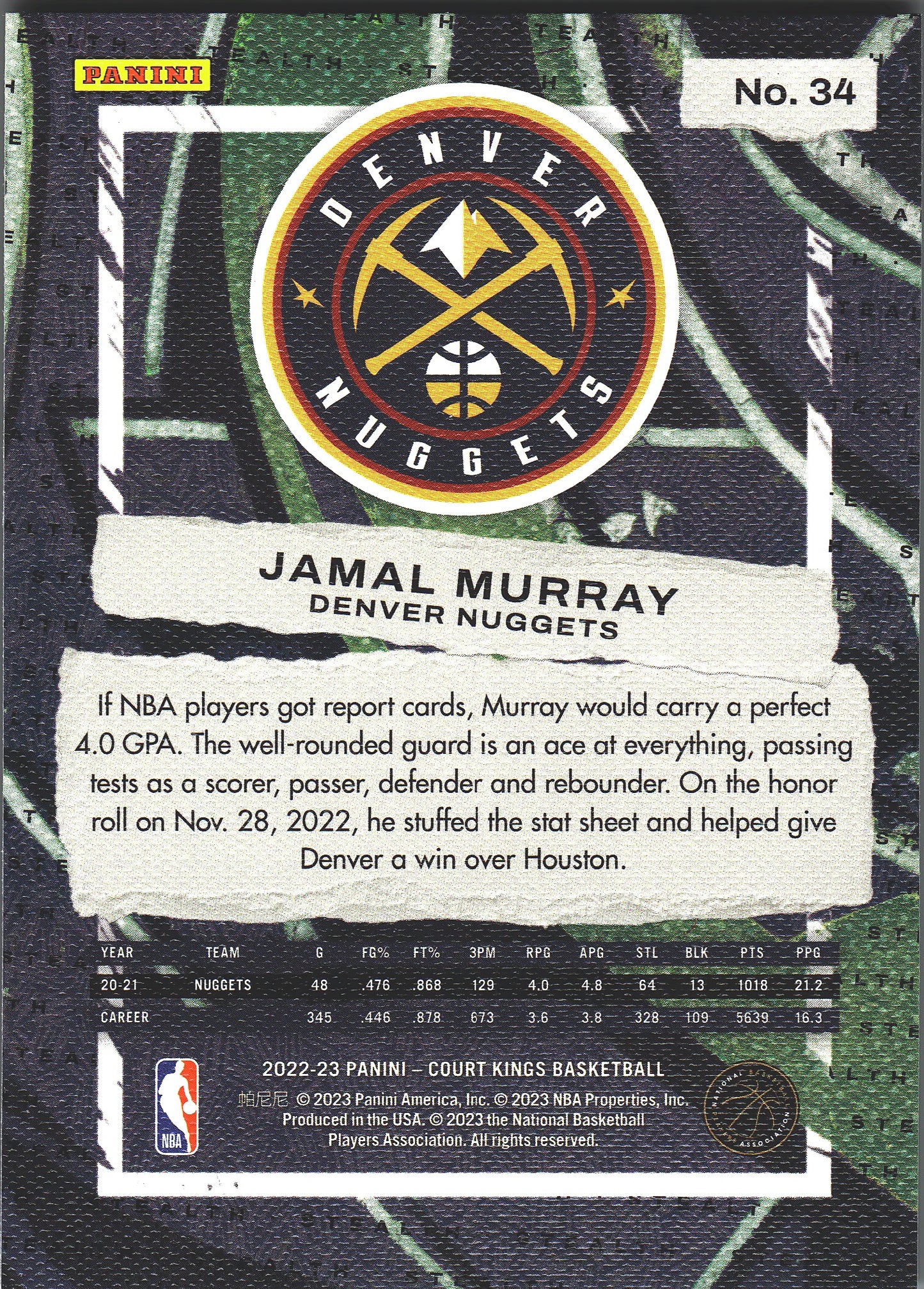 2022 Panini Court Kings Jamal Murray #34 Denver Nuggets