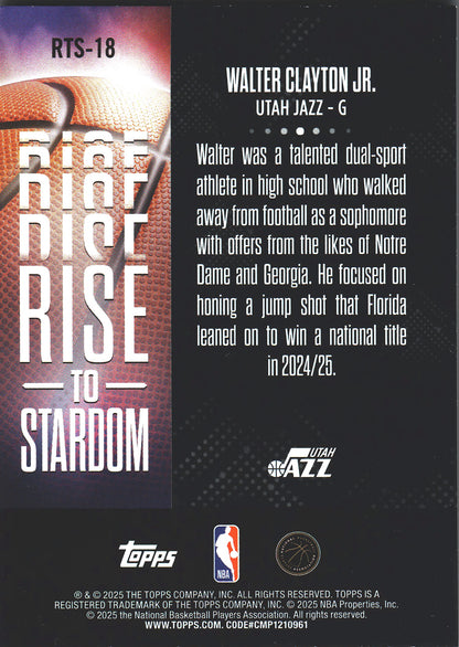 2025 Topps NBA Rise To Stardom Walter Clayton Jr RC #RTS-18 Utah Jazz