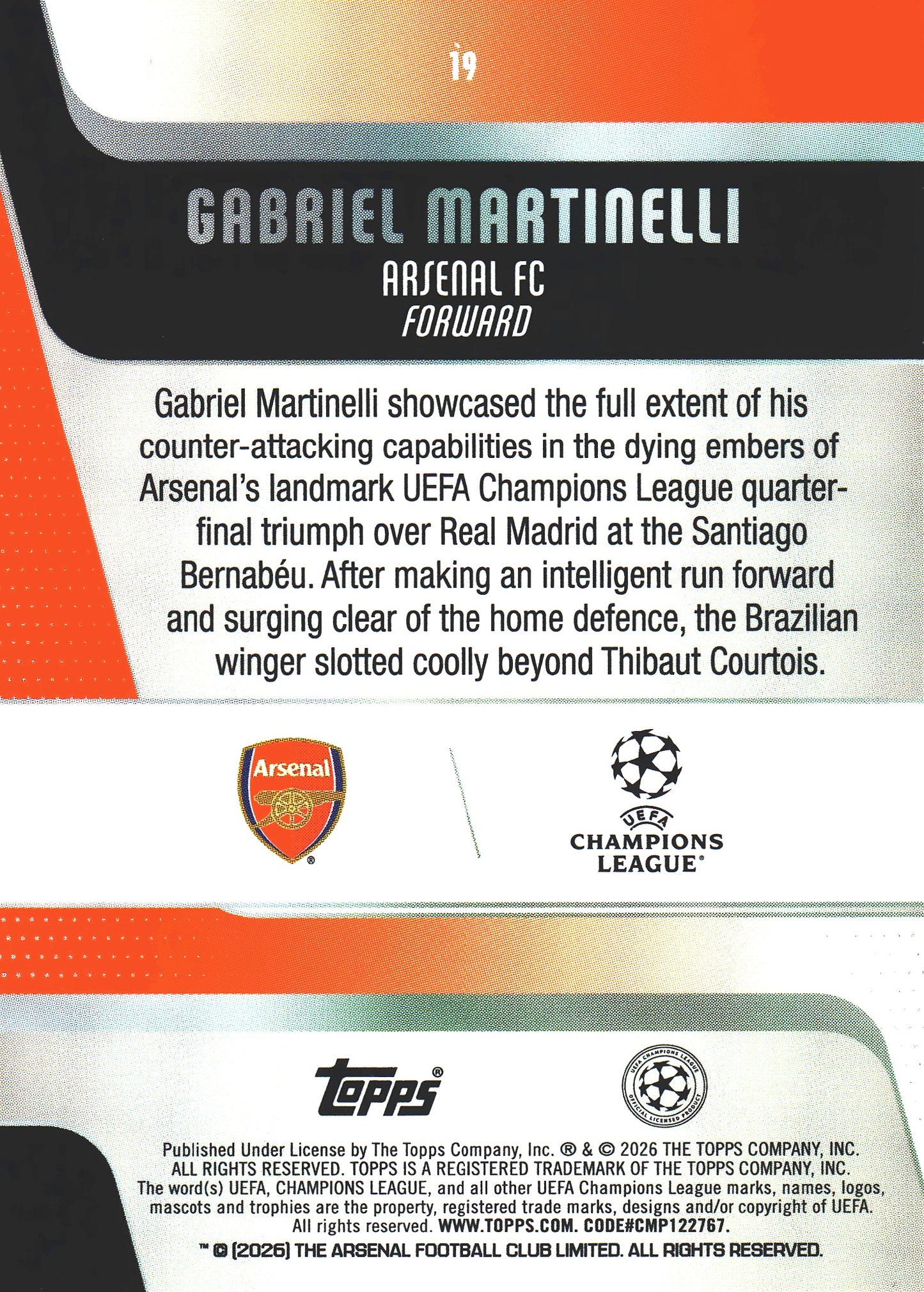 2025 Topps UCC Orange raindrops Gabriel Martinelli /25 #19 Arsenal