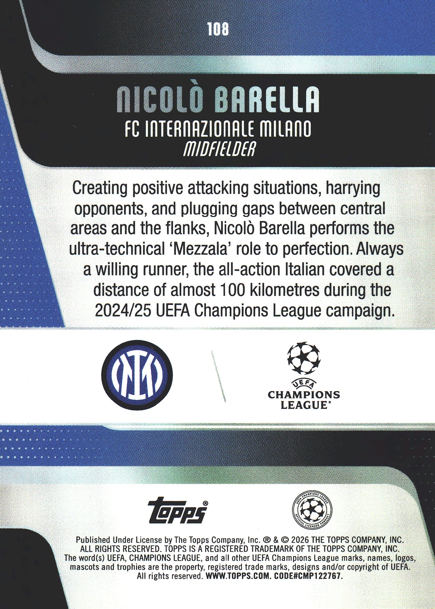 2025 Topps UCC Orange Nicolo Barella /25 #108 Inter Milan