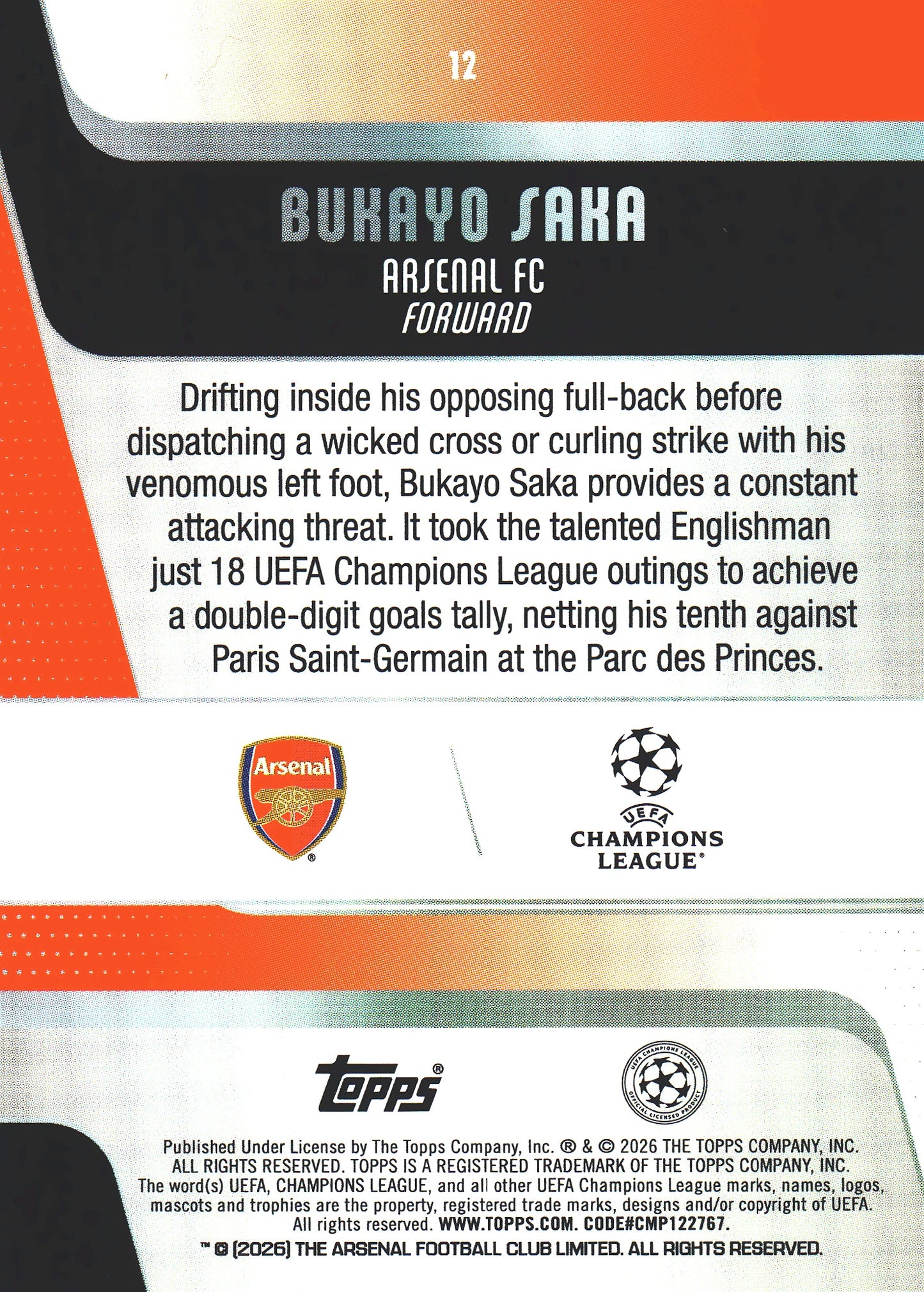 2025 Topps UCC Black and white foil /75 Bukayo Saka #12 Arsenal