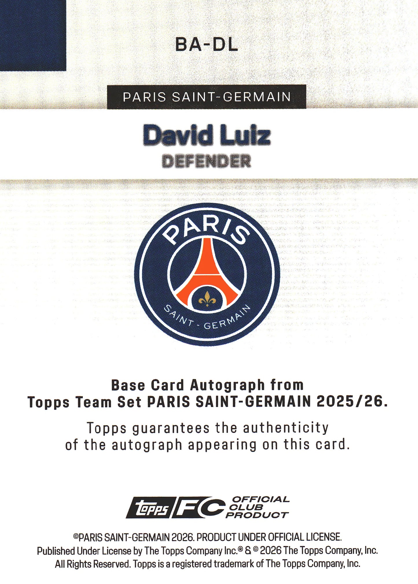 2025 Topps PSG Team red alpha /5 Auto David Luiz #BA-DL PSG