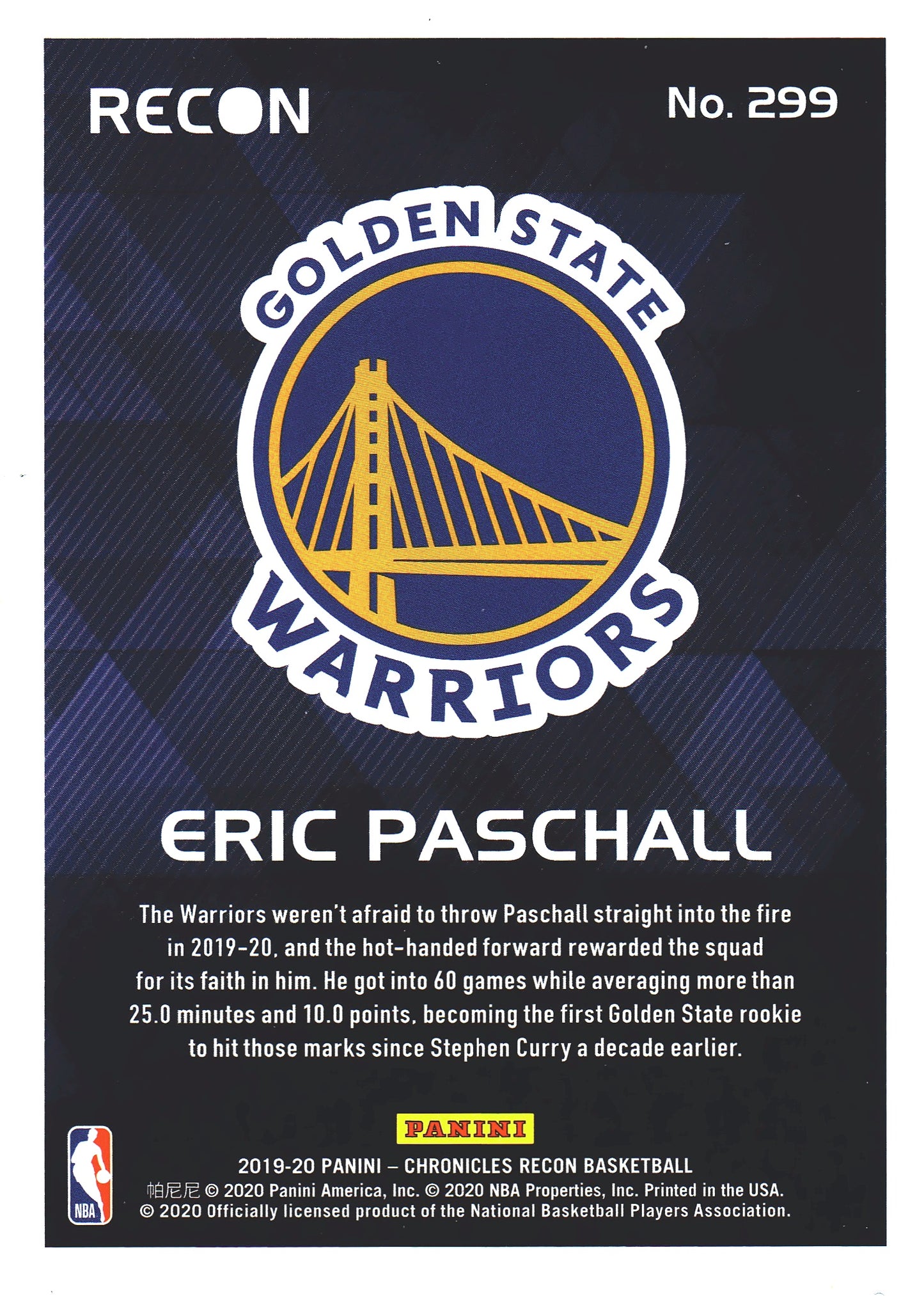 2019 Panini Chronicles Recon Eric Paschall RC #299 Warriors