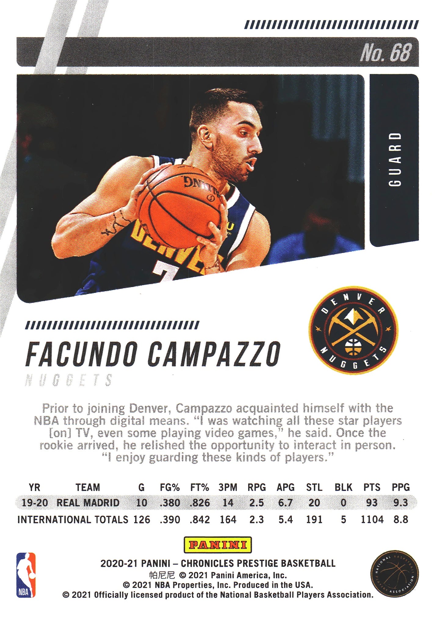2020 Panini Chronicles Prestige Facundo Campazzo RC #68 Nuggets