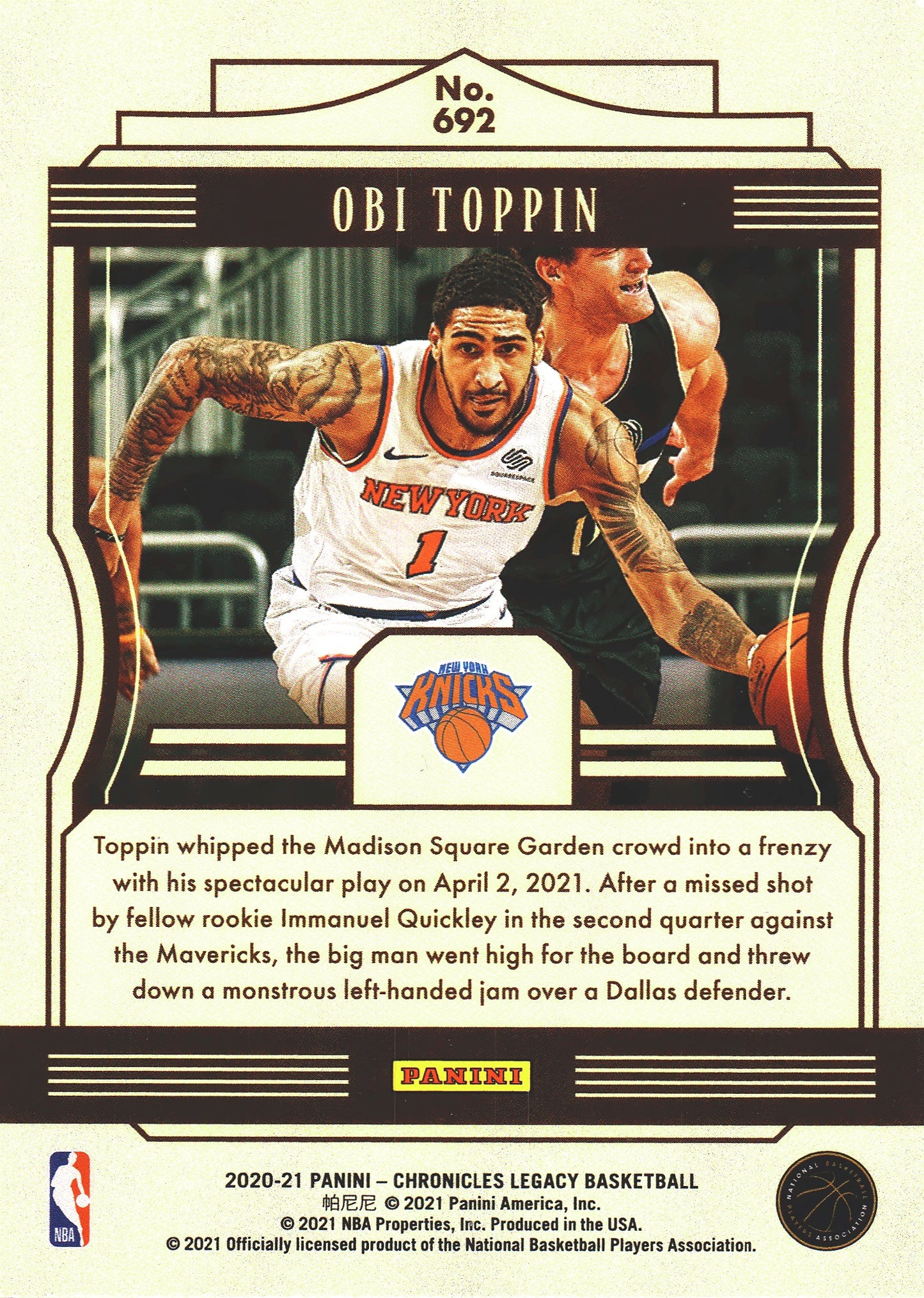 2020 Panini Chronicles Legacy Obi Toppin RC #692 Knicks