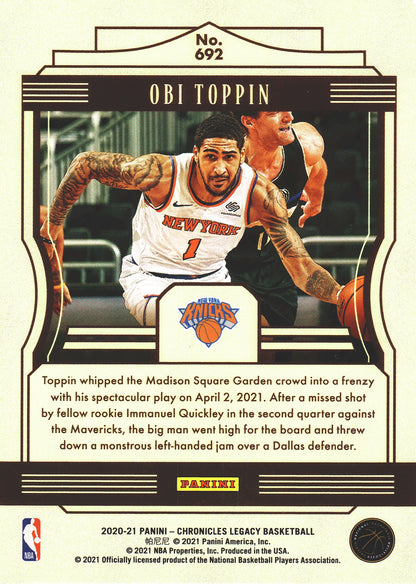 2020 Panini Chronicles Legacy Obi Toppin RC #692 Knicks