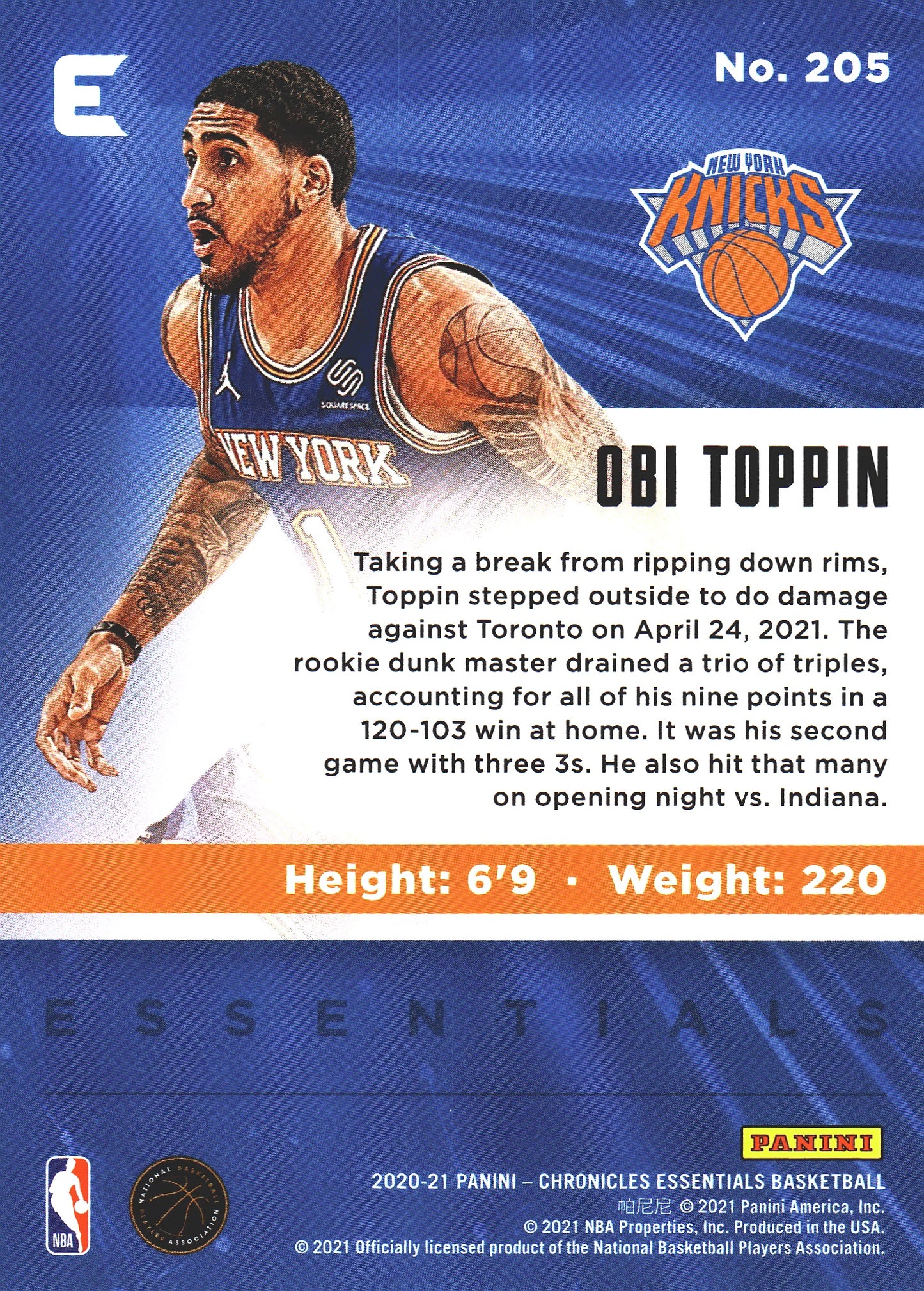 2020 Panini Chronicles Essentials Green RC Obi Toppin #205 Knicks