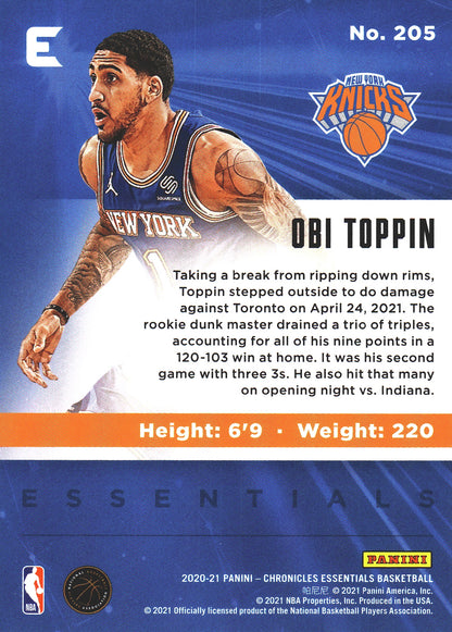 2020 Panini Chronicles Essentials Green RC Obi Toppin #205 Knicks