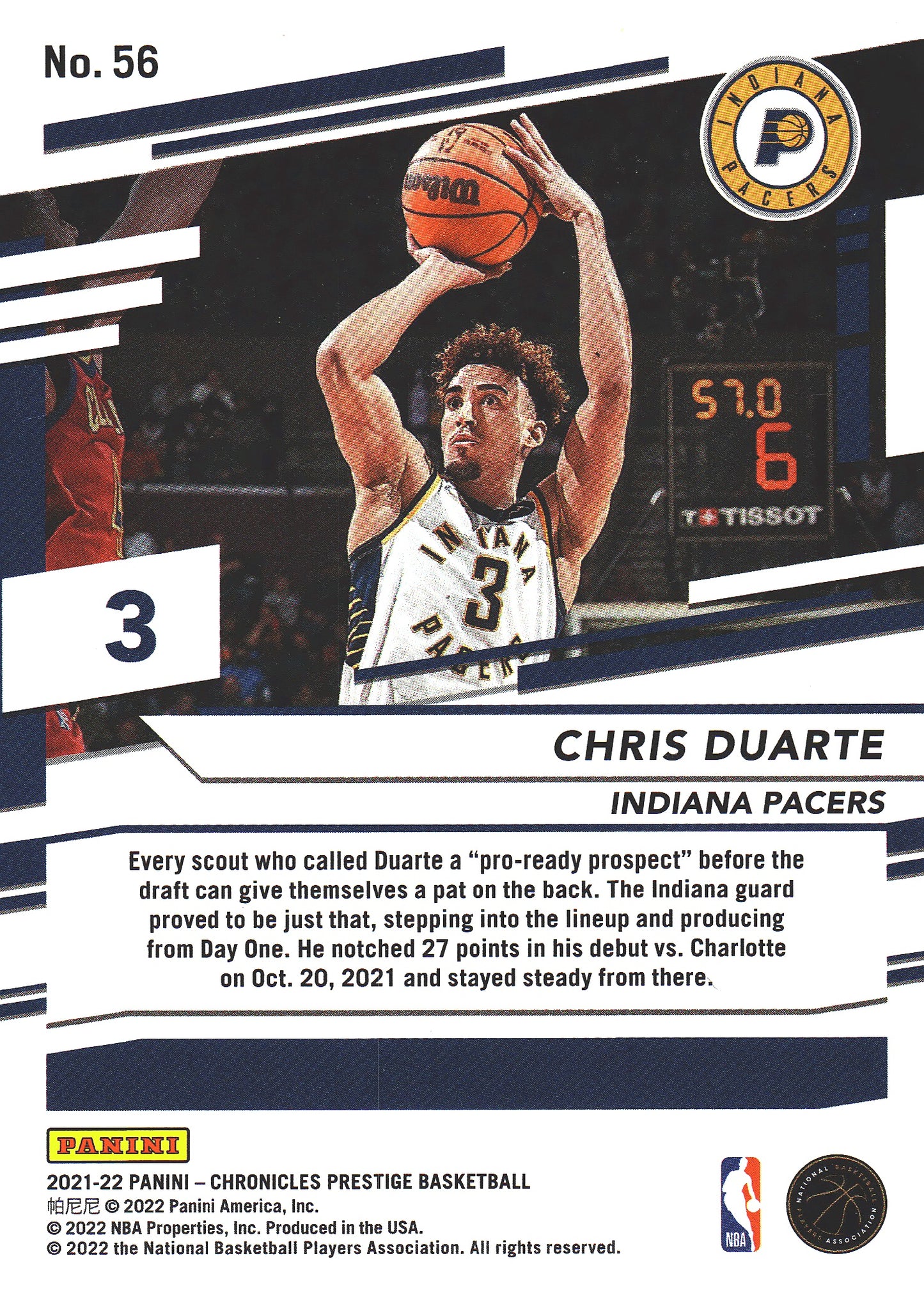 2021 Panini Chronicles Prestige Chris Duarte RC #56 Pacers