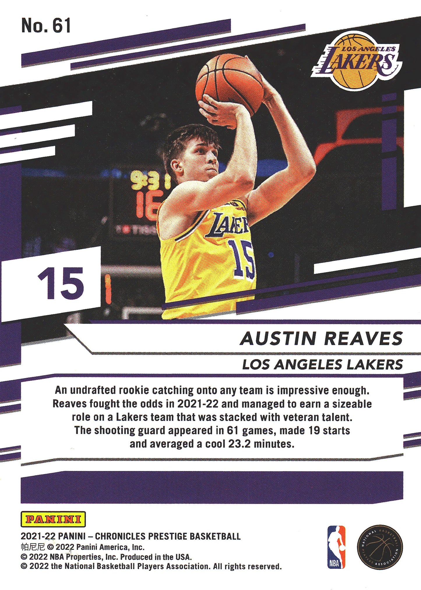 2021 Panini Chronicles Prestige Austin Reaves RC #61 Lakers