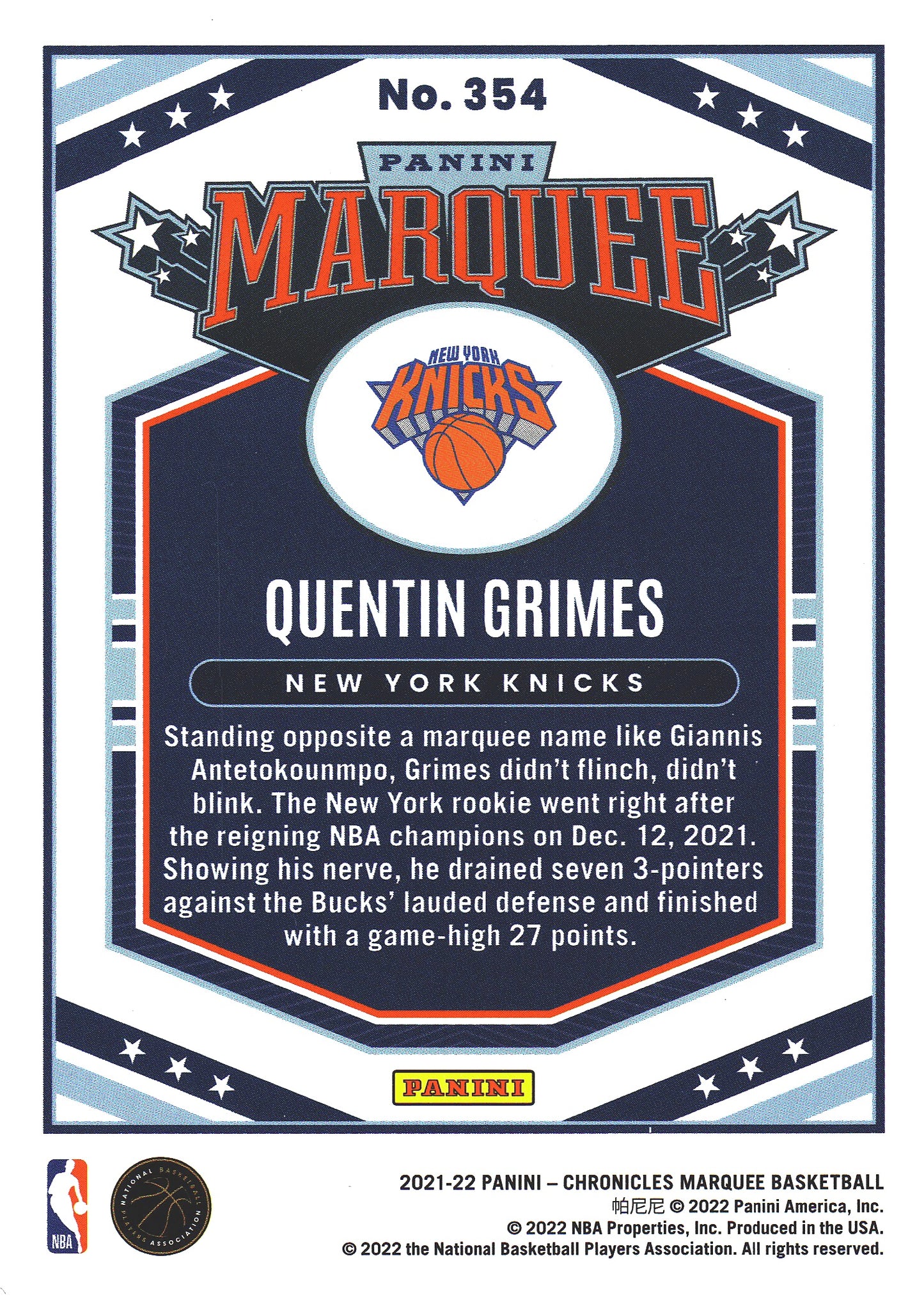 2021 Panini Chronicles Marquee Quentin Grimes RC #354 Knicks