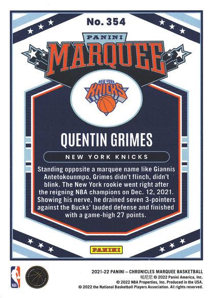 2021 Panini Chronicles Marquee Quentin Grimes RC #354 Knicks