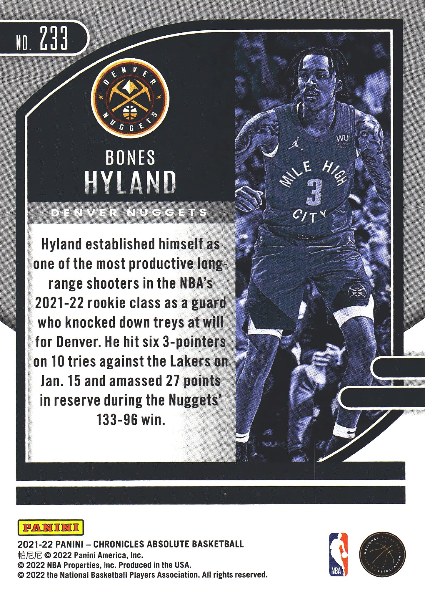 2021 Panini Chronicles Absolute Bones Hyland RC #233 Nuggets