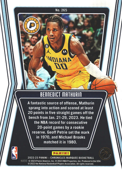 2022 Panini Chronicles Marquee RC Bennedict Mathurin #265 Pacers