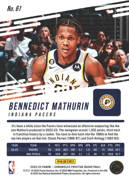 2022 Panini Chronicles Prestige Bennedict Mathurin RC #61 Pacers
