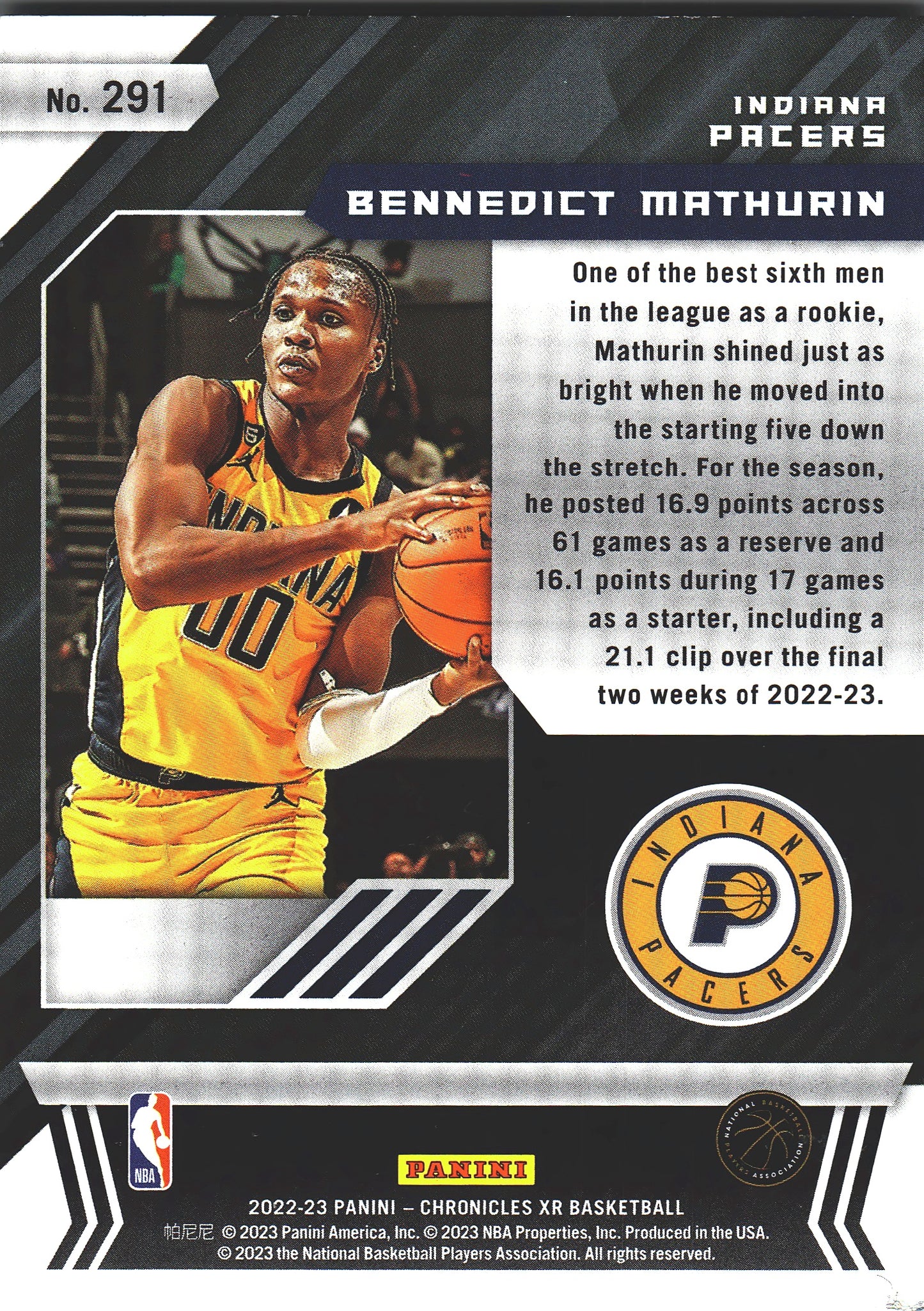 2022 Panini Chronicles XR Bennedict Mathurin RC #291 Pacers