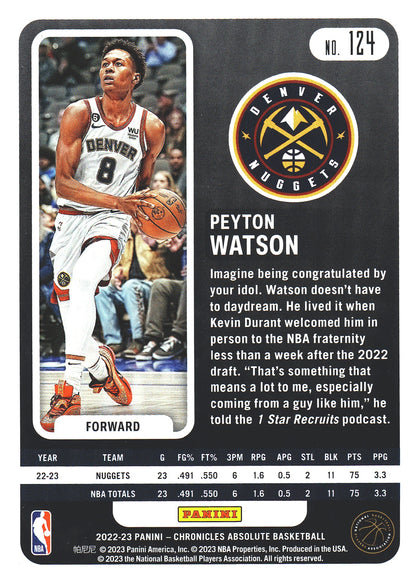 2022 Panini Chronicles Absolute Peyton Watson RC #124 Nuggets