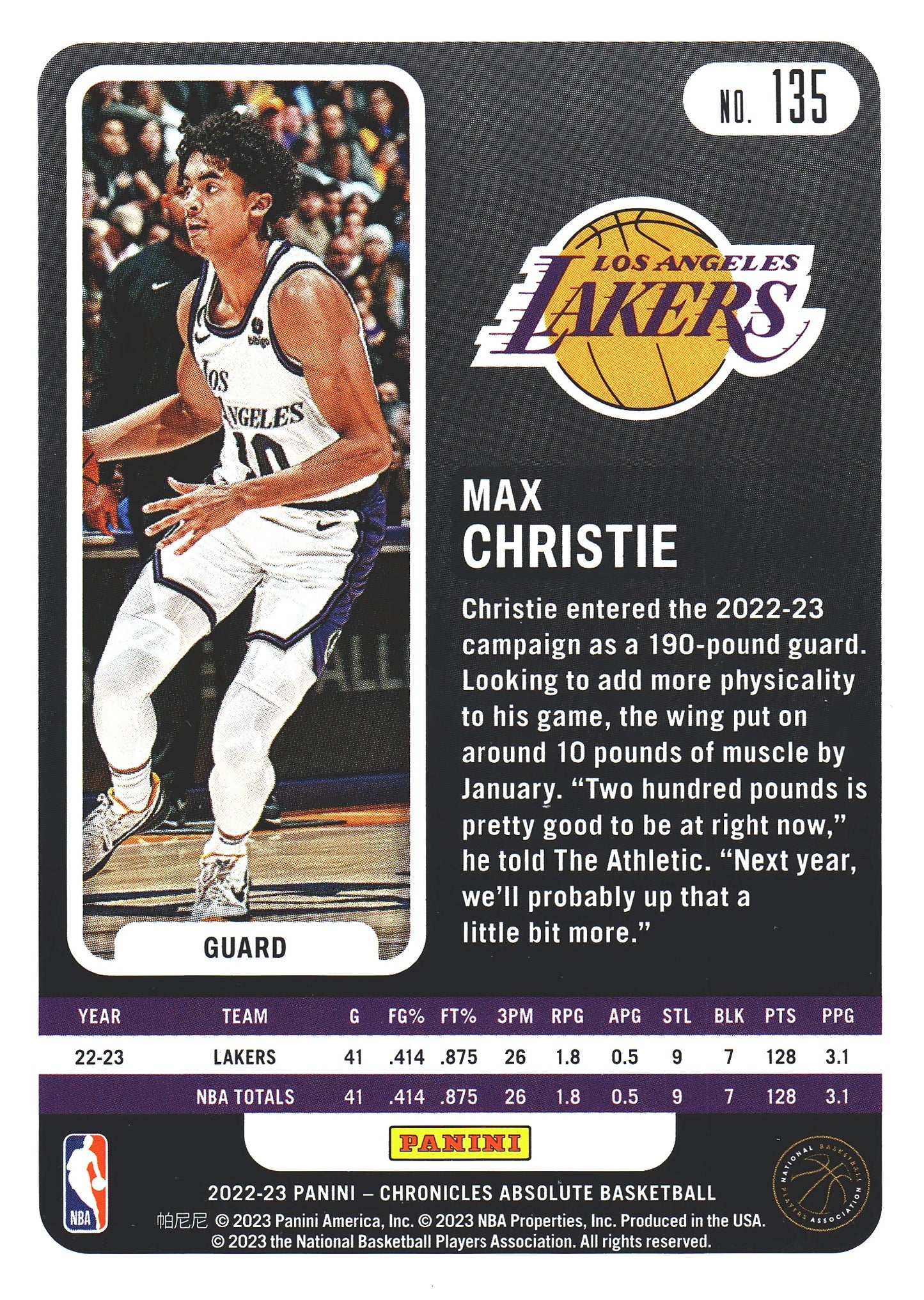 2022 Panini Chronicles Absolute Max Christie RC #135 Lakers