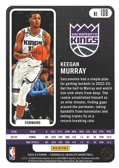 2022 Panini Chronicles Absolute Pink Keegan Murray RC #108 Kings