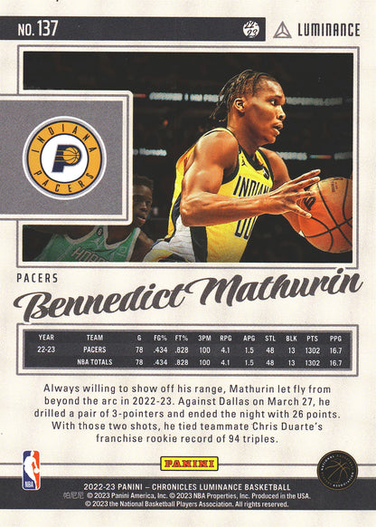 2022 Panini Chronicles Luminance Bennedict Mathurin Pink RC #137 Pacers