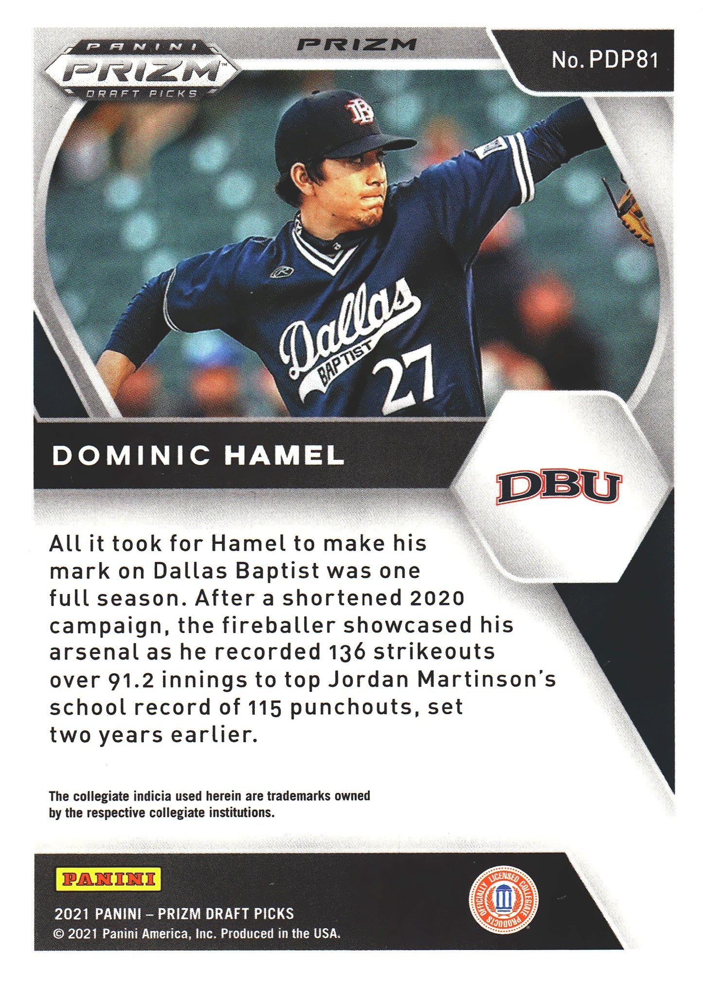 2021 Panini Prizm Draft Picks Red Velocity Dominic Hamel #PDP81 Dallas Baptist Patriots