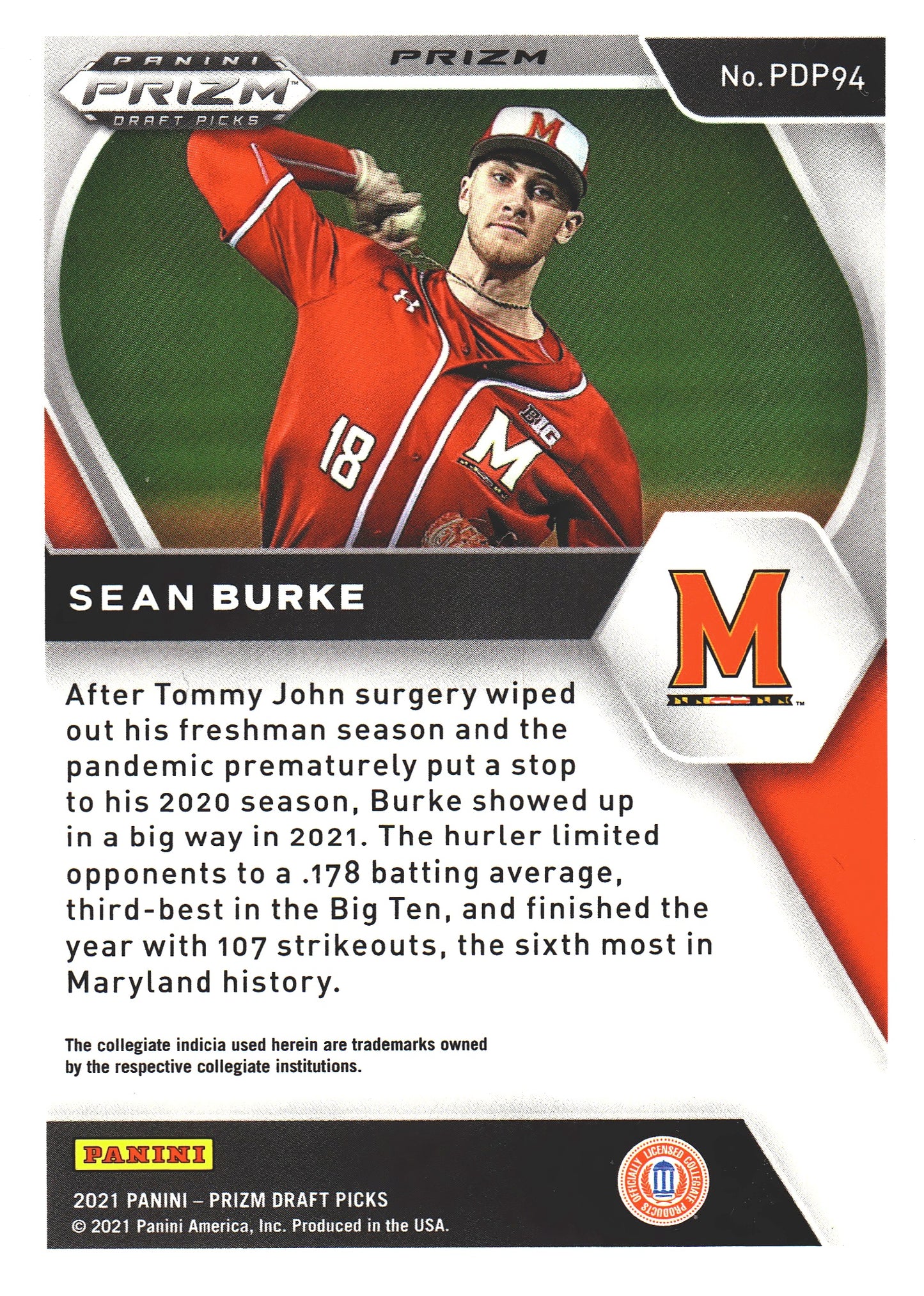 2021 Panini Prizm Draft Picks Red Velocity Sean Burke #PDP94 Maryland Terrapins