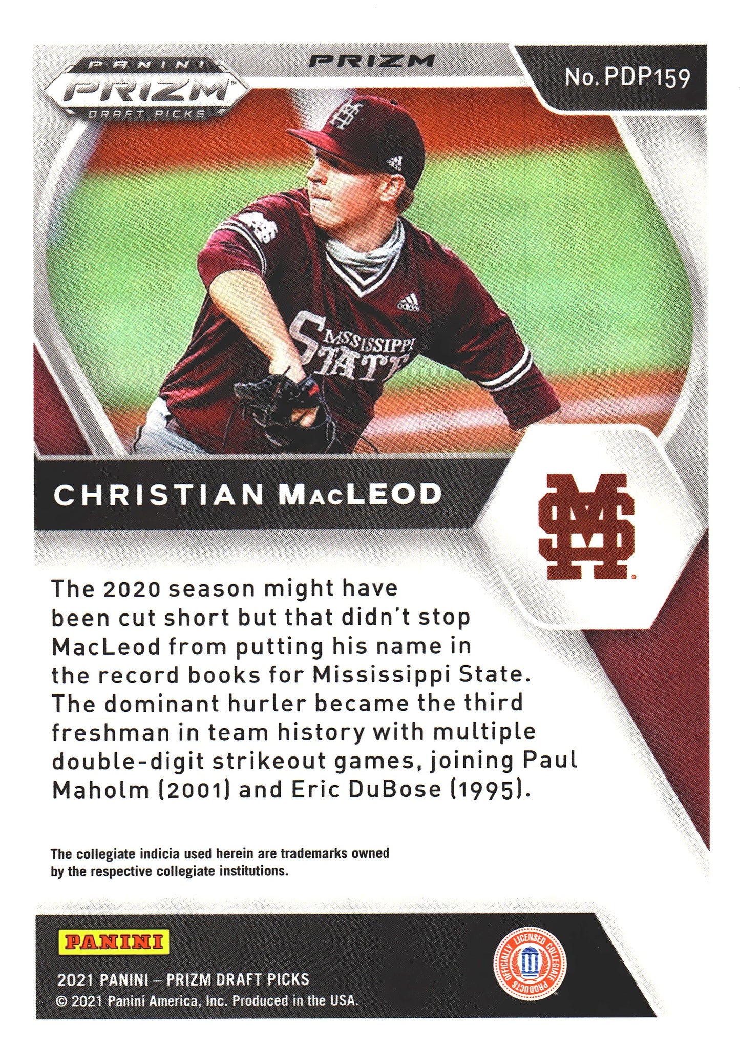 2021 Panini Prizm Draft Picks Red Velocity Christian MacLeod #PDP159 Mississippi State Bulldogs