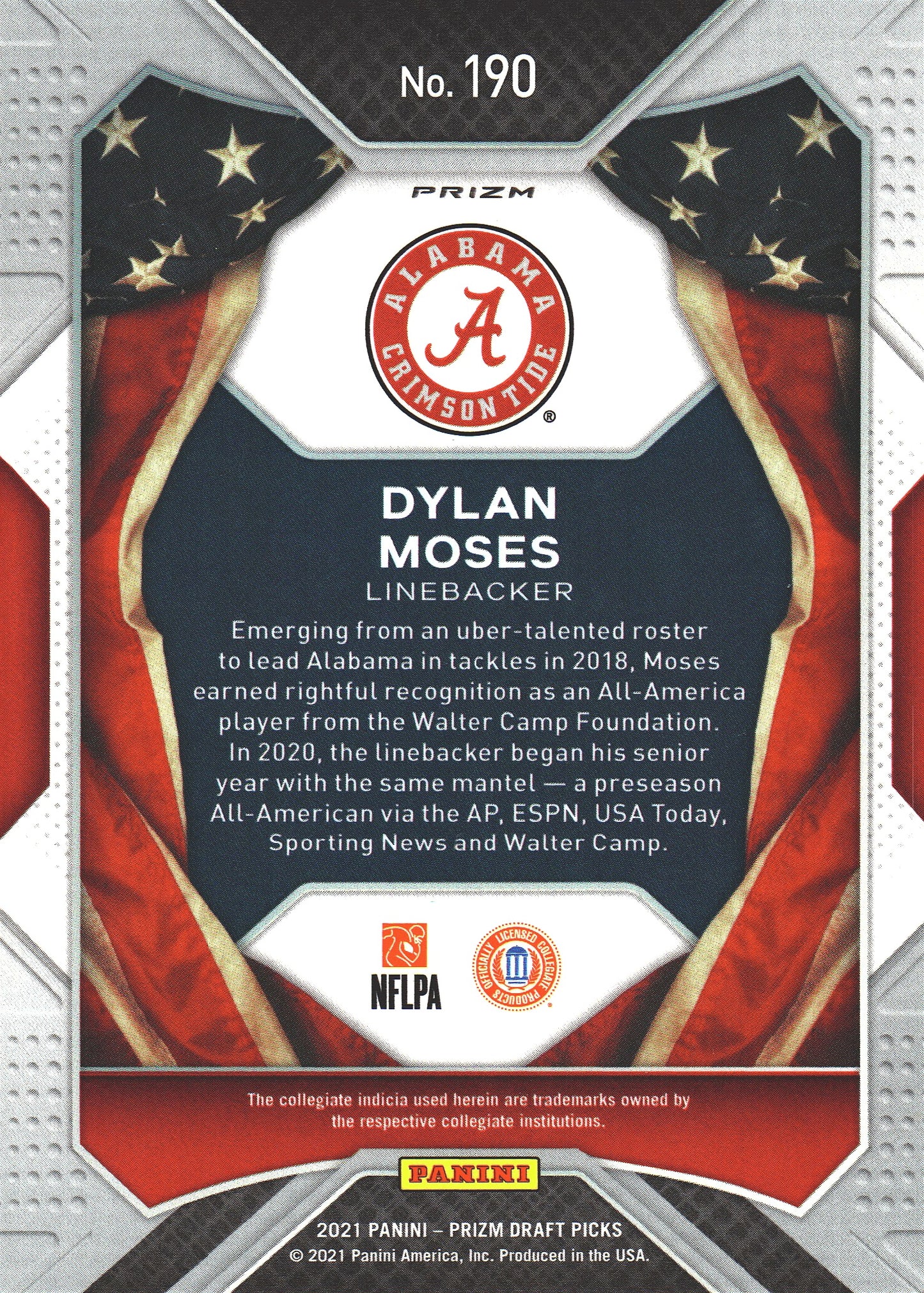 2021 Panini Prizm Draft Picks All-Americans Green Dylan Moses RC #190 Alabama Crimson Tide