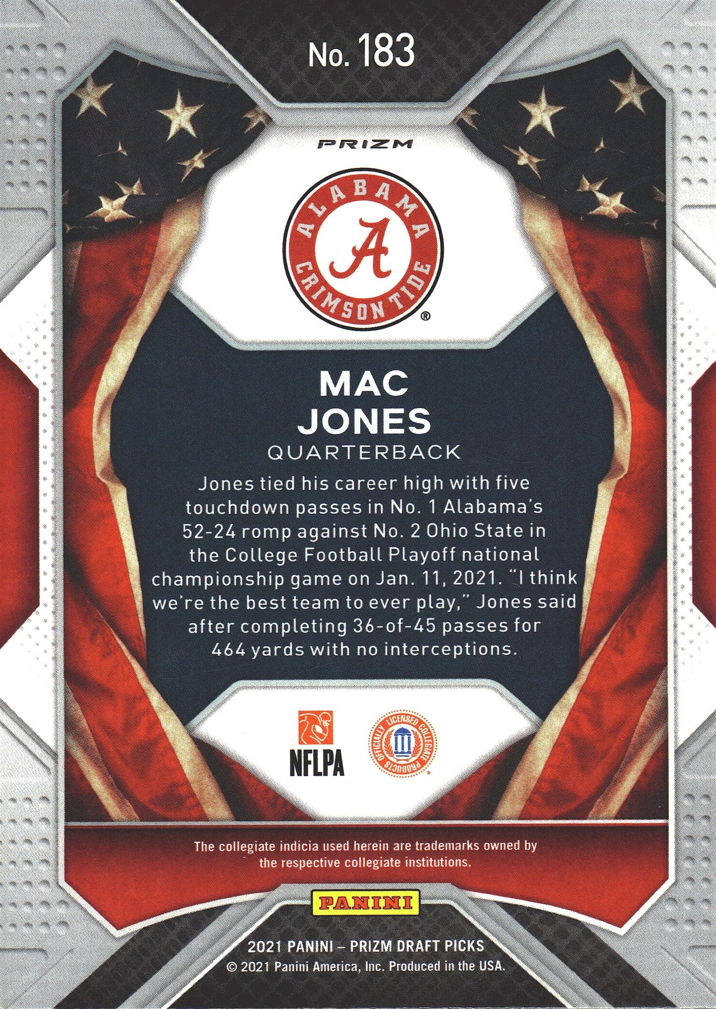 2021 Panini Prizm Draft Picks All-Americans Green Wave Mac Jones RC #183 Alabama Crimson Tide