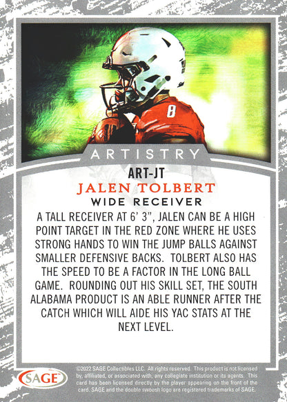 2022 Sage Football Artistry Jalen Tolbert #ART-JT South Alabama Jaguars