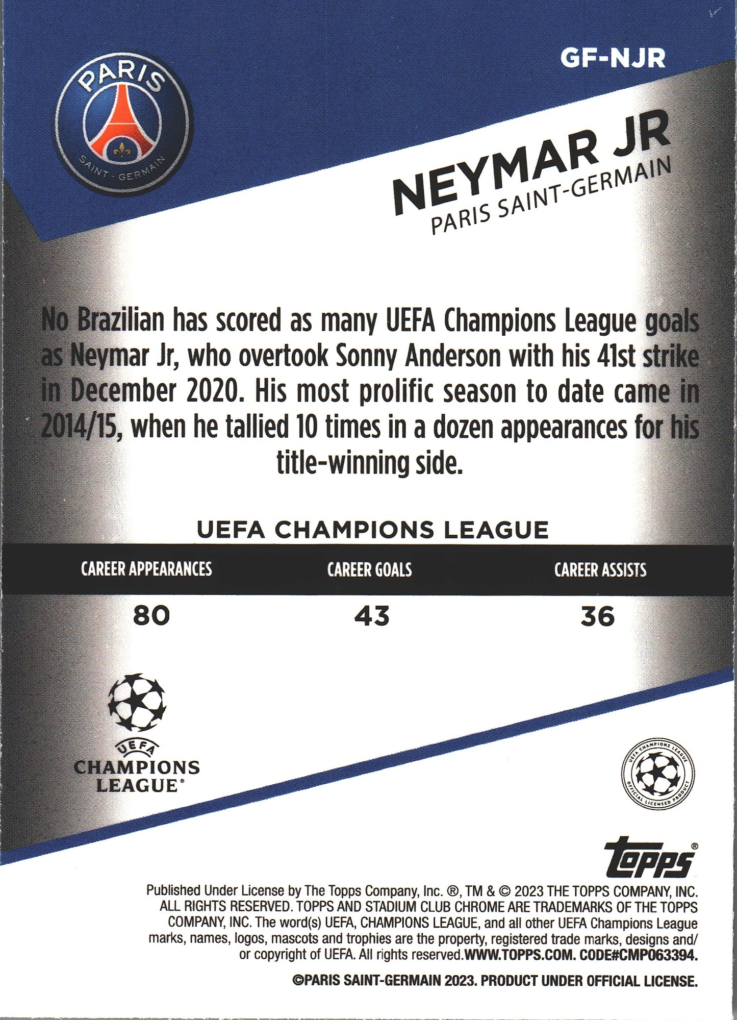 2022 Topps Stadium Chrome UCC Goal Force Neymar Jr #GF-NJR Paris SG
