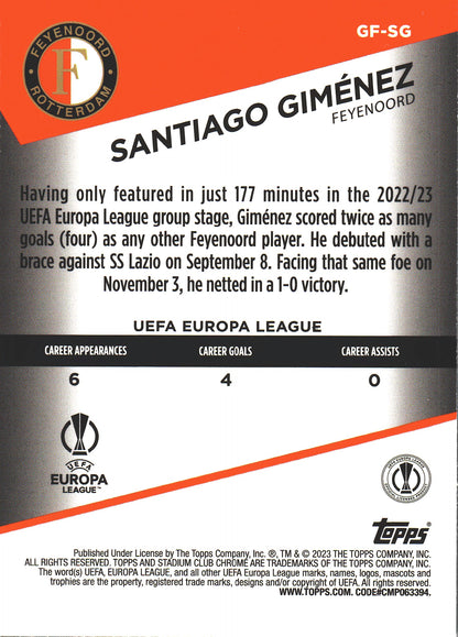 2022 Topps Stadium Chrome UCC Goal Force Santiago Jimenez #GF-SG Feyenoord