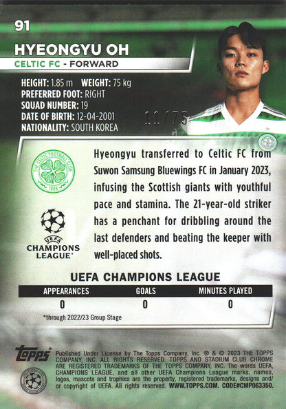 2022 Topps Stadium Chrome UCC Sepia Wave /75 Hyeongyu Oh RC #91 Celtic FC